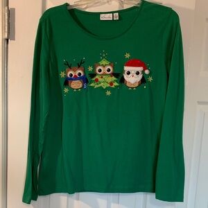 Kim Rogers Green Long Sleeve Tee with Festive Owl Design
